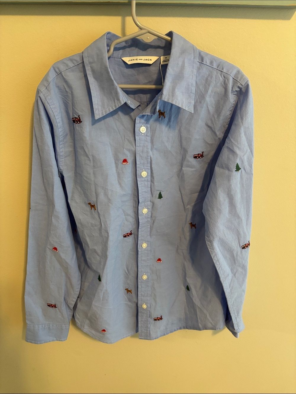 NEW Janie and Jack Boys Size 10 Shirt Light Blue Christmas Holiday Embroidered